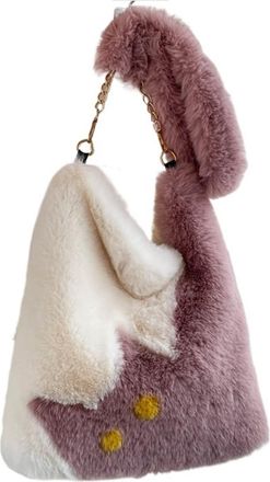 Generic Womens Plush Bags Cute Cat Pattern Shoulder Bag, Autumn Winter Plush Tote, Cartoon Color Contrast Large Capacity Diagonal Handbag(Purple)