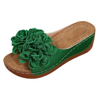 Generic 2026 Women Slippers Womens Summer Sandals Slip On Platform With Floral Design Breathable Casual Beach Shoes For Ladies (Green, 4.5)