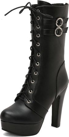 Generic Womens Punk Style Platform Chunky Heel Boots, Mid-Calf with Front Lacing, Side Zip, and Buckle,Black,1.5 UK