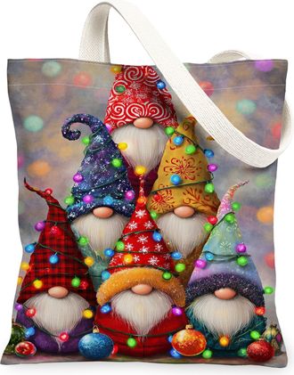 Generic Christmas Gnome Canvas Tote Bags, Colorful Faerie Pattern Reusable Grocery Bags, Vintage Fanciful Lightweight Washable Shou, Colorful, 13x15 Inch