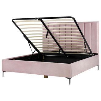 Beliani Cama Con Almacenaje Cabecero Acolchado Patas Negras Metal Terciopelo Rosa 180 X 200 Cm Sezanne