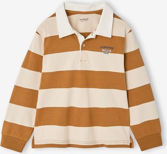 Vertbaudet Gestreiftes Jungen Langarm-Poloshirt mit Kontrast-Kragen ocker