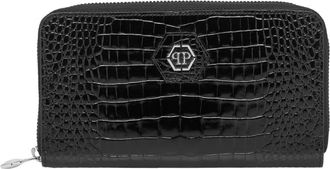Philipp Plein Rounded Zip Wallet Cocco Shiny - Dames - Portefeuilles - Zwart - ONE Size - Leer - Accessoires