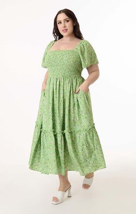 Unique Vintage Plus Size Smocked Bodice Midi Dress in Green White Floral at Nordstrom, Size 1X