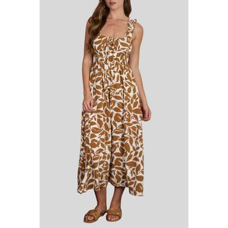 Blu Pepper Leaf Print Ruffle Strap Empire Waist Midi Dress in Brown Multi at Nordstrom Rack, Size Medium