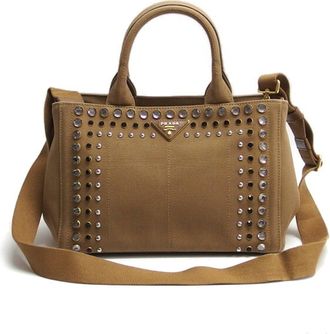 Prada Canapa Black Brown Canvas Handbag Shoulder Bag Tote Bag (Pre-Owned)