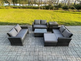 Fimous Dark Grey 7 Seater Outdoor Rattan Garden Furniture Set Patio Love Sofa Rectangular Coffee Table Set with Footstool