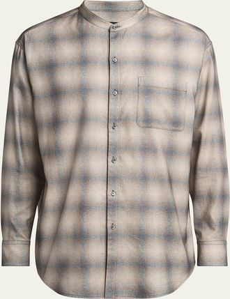 Giorgio Armani Mens Faded Plaid Cotton and Lyocell Nehru-Collar Sport Shirt
