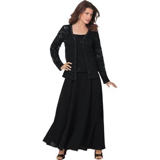 Roaman's Plus-Size 2 Piece Long Sleeve Embellished Lace Jacket And Full Gown in Black at Nordstrom, Size 34