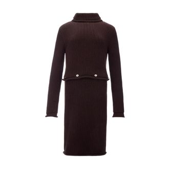 Bottega Veneta Grof Gebreide Katoenen Jurk met Ribbels - Dames - Kleedjes - Bruin - S - Katoen - Kleedjes