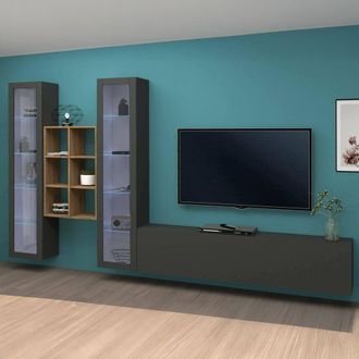 Dmora Pared Equipada Dcorrei, Conjunto De Sal&oacute;n Mueble De Tv Con 3 Puertas, Mueble De Sal&oacute;n Polivalente Con Vitrina Y Luz Led, 100% Made In Italy, Cm 320x30