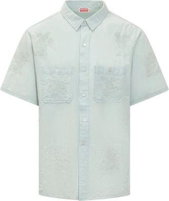 Kenzo Shirt SC - Heren - Korte mouwen Overhemden - Blauw - M - Katoen - Overhemden