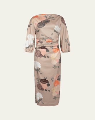 Bernadette Ezra Floral-Print Ruched 3/4-Sleeve Maxi Dress