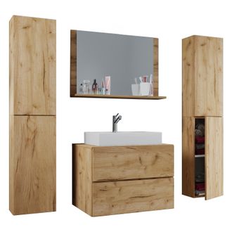 ebuy24 Ebuy24 - Vcm 5pcs Lavabo Lavabo Gabinete Inferior Ancho 80 Cm Muebles De Ba&ntilde;o Conjunto Con Cajones Puertas Giratorias Espejo Lendas Xl (roble Miel)