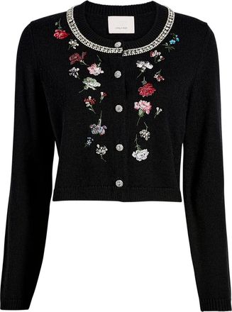 Cinq à Sept Isolde tumbling-carnation floral cardigan - women - Acrylic/Wool/Rhinestone - L - Black