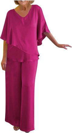 Generic Elegant 2 Piece Outfits Women UK Sale Clearance, Womens Trouser Suits Satin Two-Piece Set Outfits Short Sleeve Flowy Tops Elastic Waisted Wide Leg Tro