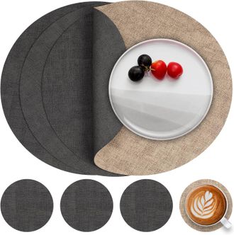 OEM Juego De 4 Manteles Individuales Redondos De Piel Sint&eacute;tica De Doble Cara + Posavasos, Lavables Y Resistentes Al Calor, Color Gris Beige