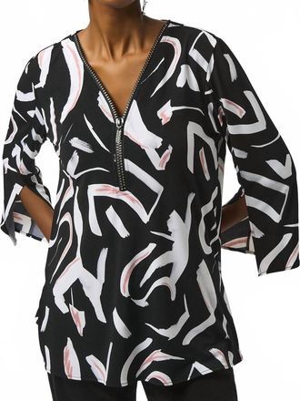 Joseph Ribkoff Embellished Zip V-Neck 3/4 Sleeve Tunic Top In Black/multi