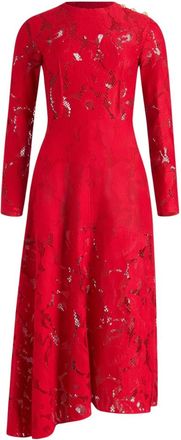 Patou Red Floral Crew Neck Midi Dress