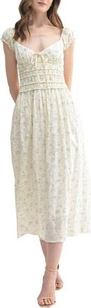 All in Favor Floral Print Swiss Dot Midi Dress in Cream Blue at Nordstrom, Size X-Small