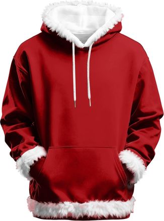 Generic Vintage Santa Sweatshirt Men Women Fluffy Fur Neck Hooded Pullover Solid Color Xmas Holiday Costumes Hoodies Tops Big and Tall Adult Funny Family Coup