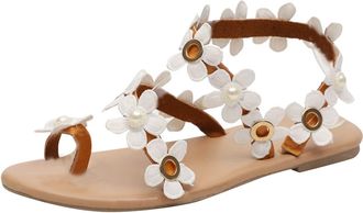 Generic Rhinestone Flat Sandals for Women, Boho 2026 Summer Dressy Flower Pearl Strappy Beaded Ankle Strap Toe Ring Trendy Sandals Casual Comfortable Slip On 