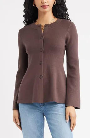 Open Edit Button Front Peplum Cardigan in Brown Seal at Nordstrom, Size Xx-Small