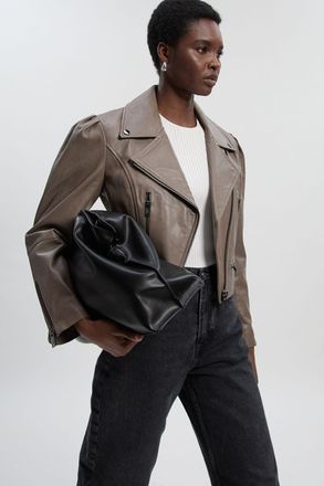 Karen Millen Womens Leather Strong Shoulder Crop Biker Jacket - Light Grey - Size 10 UK