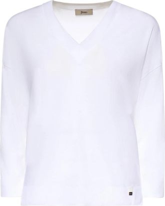 Herno Lyocell and Cotton Jersey Sweater - Dames - V-hals truien - Wit - S - Katoen - Truien & Vesten
