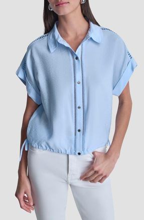 DKNY Ladder Lace Detail Short Sleeve Button-Up Shirt in Light Blue at Nordstrom, Size X-Large