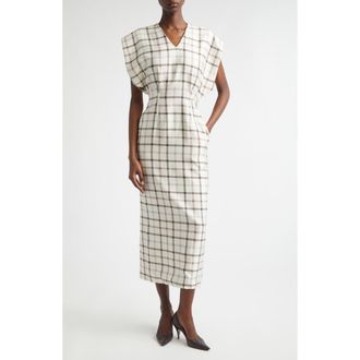 Brandon Maxwell The Keaton Windowpane Plaid Virgin Wool & Silk Midi Dress at Nordstrom, Size 10