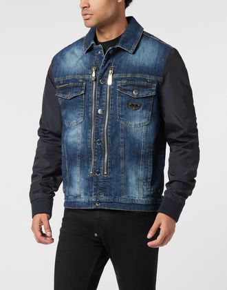 Philipp Plein Composed Denim Zip Jacket College Men in Deepocean at Nordstrom, Size Xxx-Large