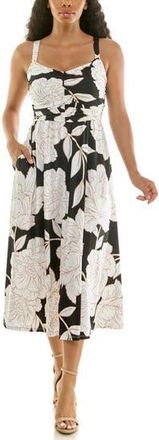 Nina Leonard Floral Shirred Bodice Midi Dress in Black/Tan/Ivory at Nordstrom Rack, Size X-Large