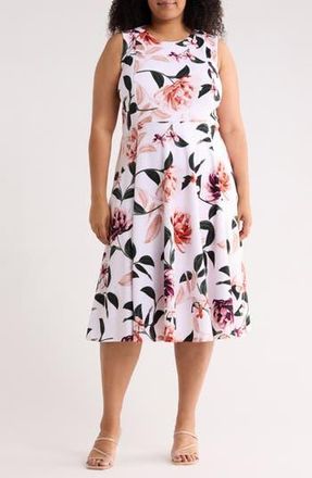 Calvin Klein Floral Fit & Flare Midi Dress in Blush Multi at Nordstrom Rack, Size 14W