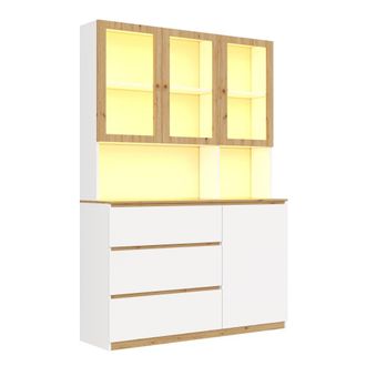Urban Meuble Vitrina alta blanca efecto roble con iluminaci&oacute;n LED tipo librer&iacute;a