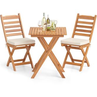 Costway Costway Wooden Bistro Set Folding Chair Table Set w/Cushions Patio Dining Set in Natural