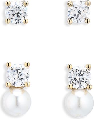 Nordstrom Rack Cubic Zirconia & Faux Pearl Stud Earrings Set in Clear- White- Gold at Nordstrom Rack