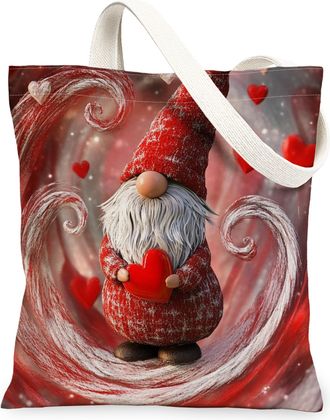 Generic Romantic Valentines Day Gnome Canvas Tote Bag for Shopping 13x15, Cool Fun Red Love Heart Reusable Grocery Print Pattern Bag for Women, Holiday Beach 