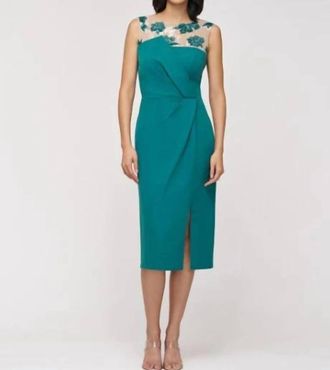 JS Collections Adelaide Illusion-Yoke Sheath Dress In Dark Green