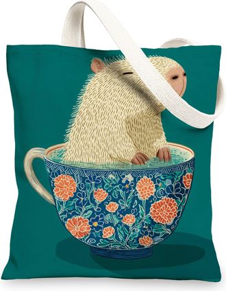 Generic Cute Animal Canvas Tote Bag, Reusable Floral Grocery Bags, Lightweight Teal Shoulder Strap Bags 13x15 Inch