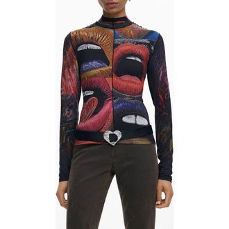 Desigual Long Sleeve Lip Print Top in Black at Nordstrom, Size X-Large