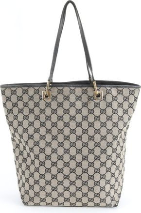 Gucci Black Leather Canvas Handbag Tote Bag (Pre-Owned)