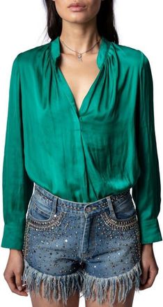 Zadig&Voltaire Tink Satin Blouse in Emeraude at Nordstrom, Size X-Small