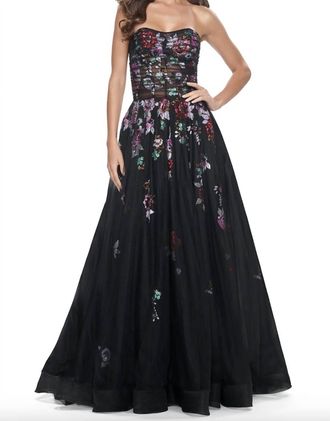 La Femme Lace Floral Sequin Gown In Black Multi