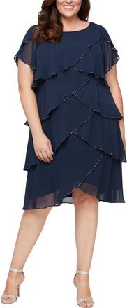 S.L. Fashions Bugle Beaded Tiered Cocktail Dress in New Navy at Nordstrom, Size 14W