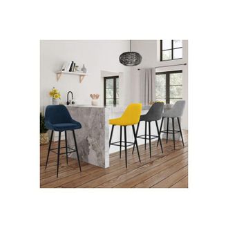 IDMarket Juego De 4 Taburetes De Bar Thalya En Mezcla De Terciopelo Color Azul, Gris Claro, Gris Oscuro, Amarillo