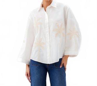 Karen Kane Bell Sleeve Embroidered Palm Tree Shirt In Off White