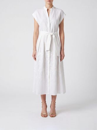 Eleventy Linen Midi Chemisier Dress with Belt and Mandarin Collar