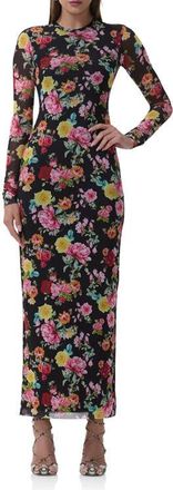 AFRM Didi Printed Long Sleeve Mesh Maxi Dress in Spring Rose at Nordstrom, Size X-Small