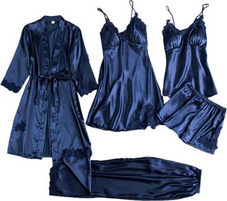 Generic Womens Pyjamas Set 5PC Lace Satin Robe and Pajama Set Ladies Sleepwear Girls Nightwear Satin Pyjamas Dressing Robe Gown Nightdress Comfort Homewear Lo